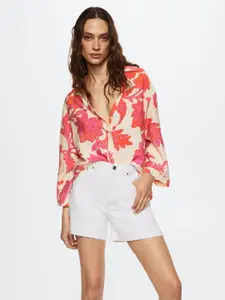 MANGO Women Cream-Coloured & Pink Floral Printed Oversized Casual Shirt