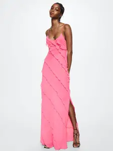 MANGO Pink Solid Ruffle Maxi Dress