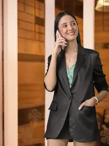 MANGO Women Black Satin Finish Single-Breasted Oversized Solid Blazer