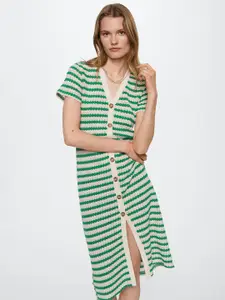 MANGO Cream-Coloured & Green Striped Sheath Midi Dress