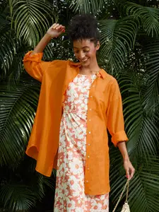 MANGO Women Orange Pure Cotton Solid Oversized Casual Shirt