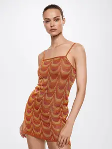 MANGO Rust Orange & Pink Retro Print Bodycon Mini Dress