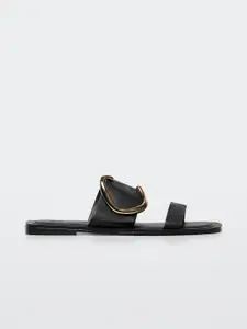 MANGO Women Black Solid Leather Open Toe Flats with Buckles Detail