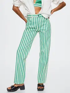 MANGO Women White & Green Striped Straight Fit Jeans