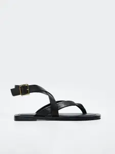 MANGO Women Leather Sustainable Open Toe Flats