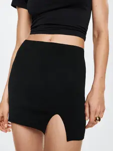 MANGO Women Black Solid Slit Detail Mini Skirt