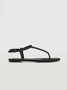 MANGO Women Black Embellished T-Strap Flats