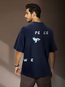 Bewakoof Men Blue Peace Not War Graphic Printed Oversized T-shirt