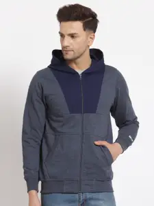 Kalt Men Navy Blue Colourblocked Hooded Sweatshirt