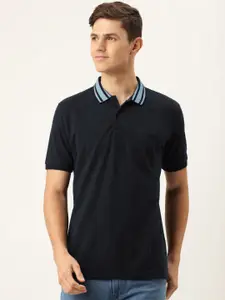 Peter England Men Navy Blue Solid Contrast Polo Collar Pockets Regular Fit T-shirt
