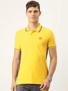 Peter England Men Yellow & Navy Blue Colourblocked Polo Collar Cotton Snug Fit T-shirt