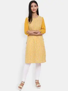 Desi Mix Women Mustard Yellow Floral Embroidered Kurta