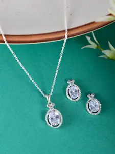 Studio Voylla 925 Sterling Silver CZ Studded Pendant With Earring Set