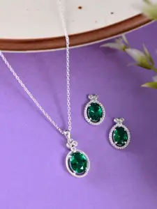 Studio Voylla 925 Sterling Silver Green Stones Studded Pendant With Earring Set