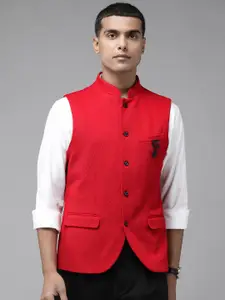 Blackberrys Men Red Pure Linen Self-Design Slim Fit Nehru Jacket