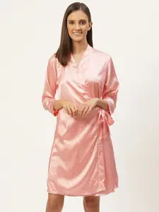 Sweet Dreams Pink Printed Satin Finish Nightdress with Robe