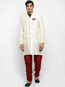 ROYAL KURTA Men Cream Coloured & Maroon Self Design Sherwani With Churidar Pants