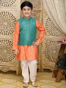 SAKA DESIGNS Boys Orange Printed Kurti with Churidar & Green Jacket