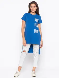 Disrupt Women Blue Typography Printed High-Low Hem Cotton T-shirt