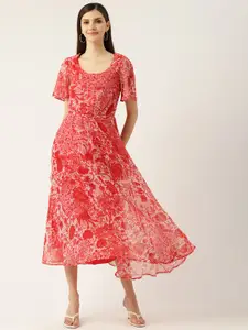 Deewa White & Red Floral Chiffon Maxi Dress