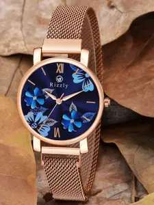 Septem Women Blue Dial & Rose Gold Toned Stainless Steel Bracelet Style Straps Analogue Watch