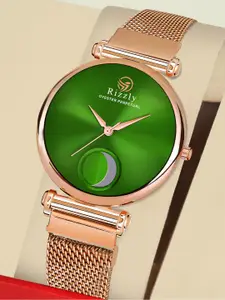 Septem Women Green Embellished Dial & Rose Gold Toned Stainless Steel Bracelet Style Straps Analogue Watch