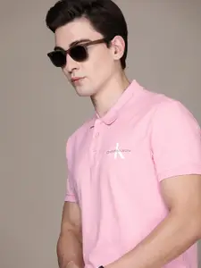 Calvin Klein Jeans Men Pink Solid Applique Brand Logo Polo Collar Casual T-shirt