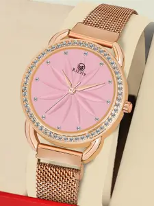 Septem Women Pink Patterned Dial & Rose Gold Toned Stainless Steel Bracelet Style Straps Analogue Watch