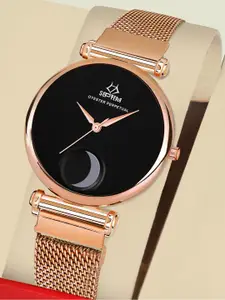 Septem Women Black & Rose Gold Toned Dial Stainless Steel Bracelet Style Straps Analogue Watch