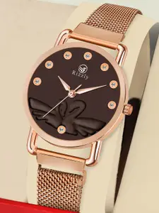 Septem Women Brown Embellished Dial & Rose Gold Toned Stainless Steel Bracelet Style Straps Analogue Watch
