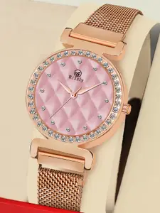 Septem Women Pink Embellished Dial & Rose Gold Toned Stainless Steel Bracelet Style Straps Analogue Watch