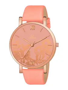 Septem Women Peach-Coloured Printed Dial & Orange Leather Straps Analogue Watch