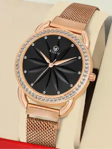 Septem Women Black Embellished Dial & Rose Gold Toned Stainless Steel Bracelet Style Straps Analogue Watch