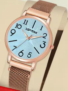 Septem Women Blue Printed Dial & Rose Gold Toned Stainless Steel Bracelet Style Straps Analogue Watch