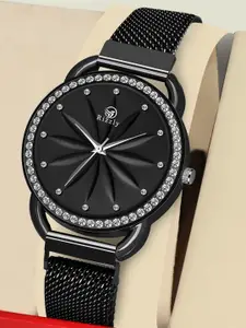 Septem Women Black Embellished Dial & Stainless Steel Wrap Around Straps Analogue Watch