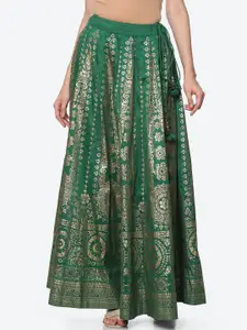 Biba Women Green & Golden Embellished Flared Maxi Skirt