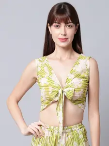 EROTISSCH Women Green Printed V-neck with front tie knot Beachwear Tops