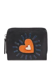 Hidesign Women Black & Orange Textured Applique Leather Zip Around Wallet