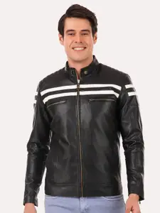 Leather Retail Men Black & White Striped Outdoor Biker Jacket