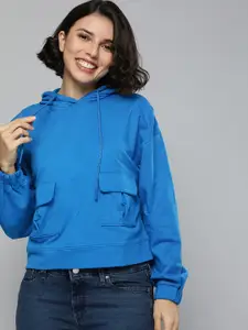 Mast & Harbour Women Blue Solid Hooded Pullover Sweatshirt