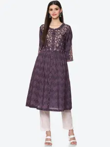 Biba Women Blue & Pink Floral Embroidered Kurta