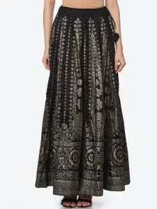 Biba Women Black & Golden Ethnic Printed Maxi Flared Skirts
