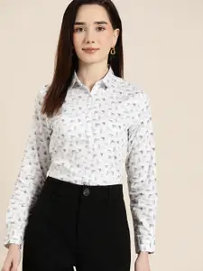 Hancock Women White Standard Slim Fit Printed Cotton Satin Formal Shirt
