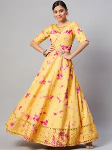 SHUBHKALA Yellow Embroidered Semi-Stitched Dress Material
