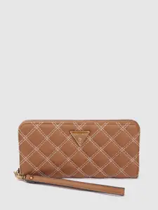 GUESS Women Tan Brown Solid Quilted Zip Around Cessily Wallet with Wrist Loop