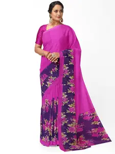 Florence Women Pink & Blue Floral Printed Pure Georgette Fusion Saree