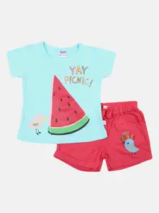 V-Mart Girls Blue & Red Printed Cotton T-shirt with Shorts