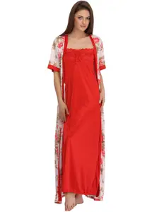 Clovia Red Satin Nightdress with Robe NS0706P04O