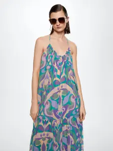 MANGO Green & Lavender Abstract Print Blackless Maxi Dress