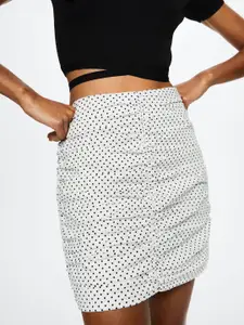 MANGO Women White & Black Geometric Printed Ruched Skirt